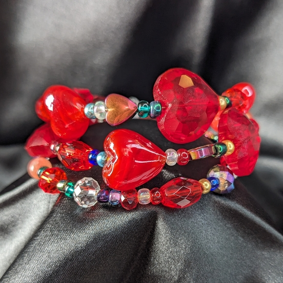 Hand Crafted Jewelry - Red Hearts & Hematite Beads Bracelet Crystals Glass Beads Handmade Artisan Bling
